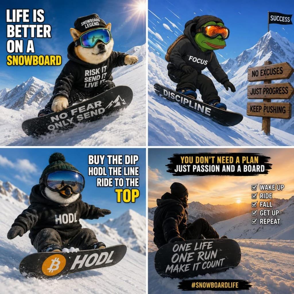 Snowboard meme pack  Doge, Pepe, penguin HODL, and one life one run