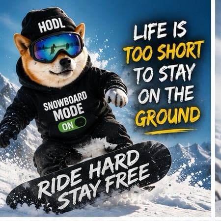 Shiba snowboarder in HODL mode  life is too short to stay on the ground