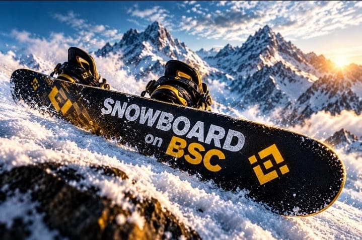 Snowboard on BSC planted on a snowy mountain ridge at sunrise