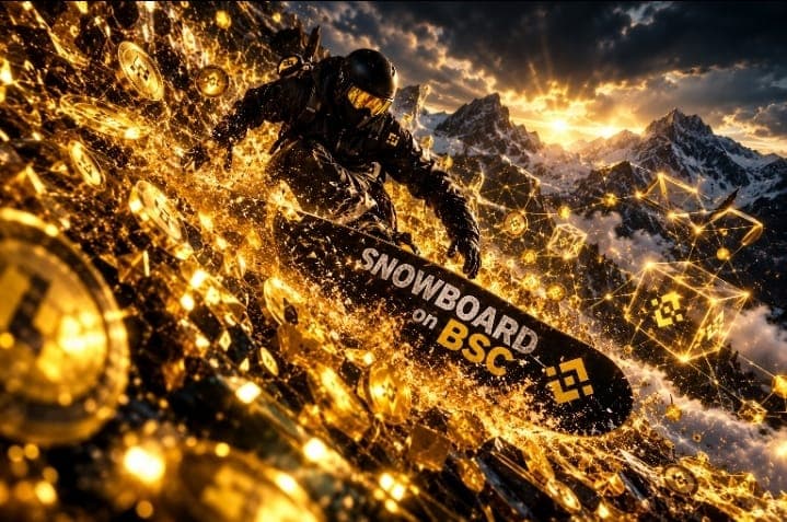 Snowboarder carving through a spray of golden BSC coins